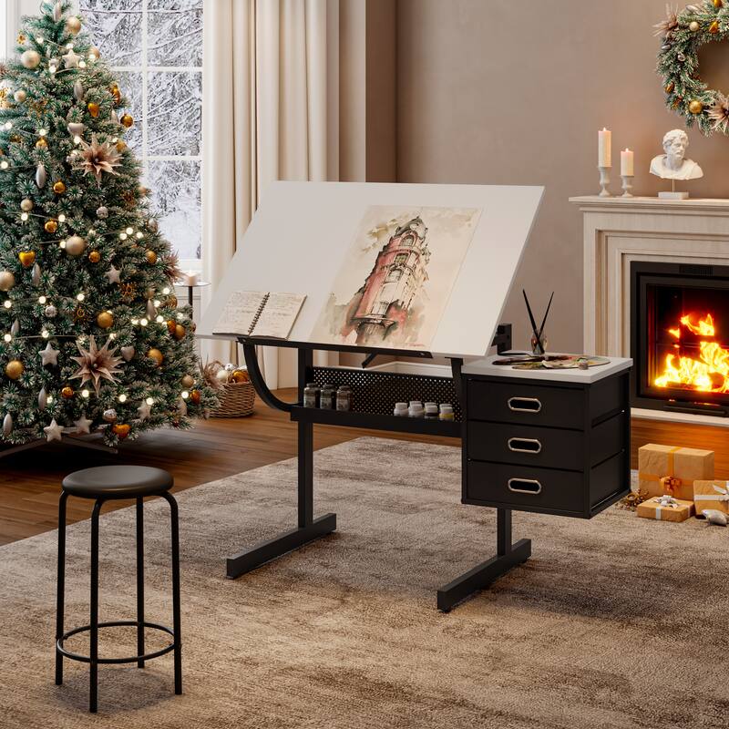 White tabletop Adjustable drafting drawing table for Crafting, Reading, Writing with stool and 3 Storage drawers - Black White