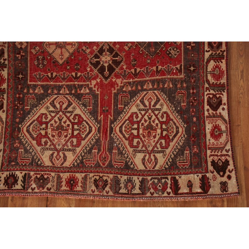 Red Shiraz Persian Antique Area Rug Handmade Wool Carpet - 3'11"x 7'6"