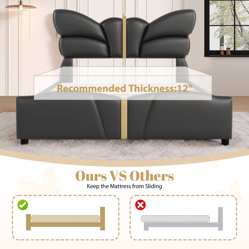 Full Size Upholstered Bed Frame, with Butterfly Shaped Headboard and Footboard, Platform Bed Frame with Gold Metal decorations