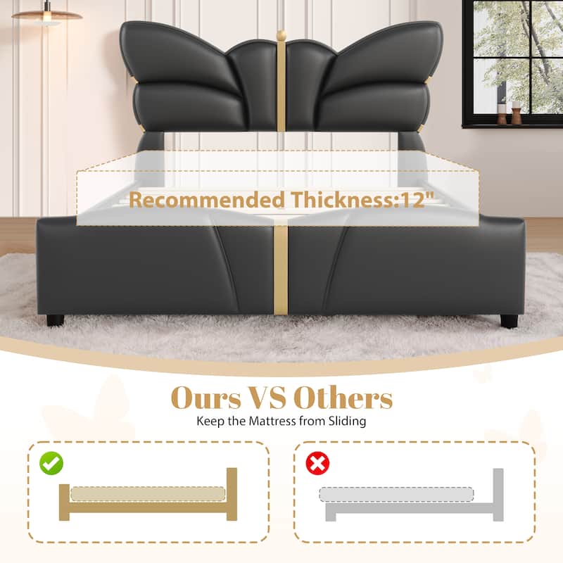 Roomfitters Queen Size Upholstered Platform Bed Frame with Butterfly Headboard, Faux Leather, Gold Accent Trim