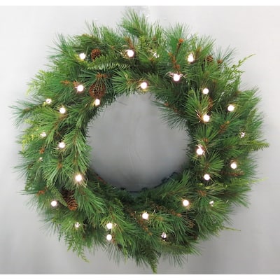 30" Mixed Mountain Cypress B/O Wreath w/Warm White & Multi LED Lights - Choose LED Raspberry Covers or LED T5 Mini Lights