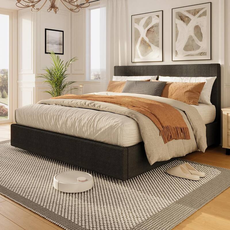 Upholstered Platform Bed with 4 Storage Drawers, Channel Tufted Wingback Headboard & Solid Wood Slat Support