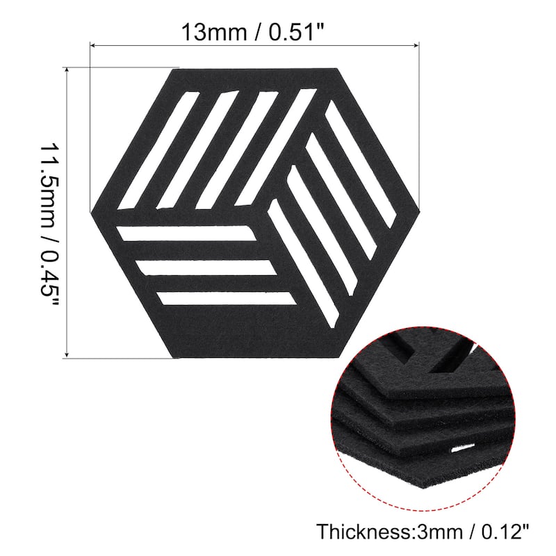 Felt Coasters, Hexagon Mat Pad Coaster for Drink Cup Pot Bowl Vase - Black