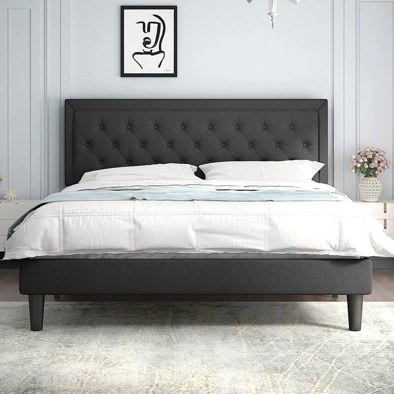 Queen Modern Bed with Button Tufted Adjustable Headboard, Dark Grey - Grey - Queen