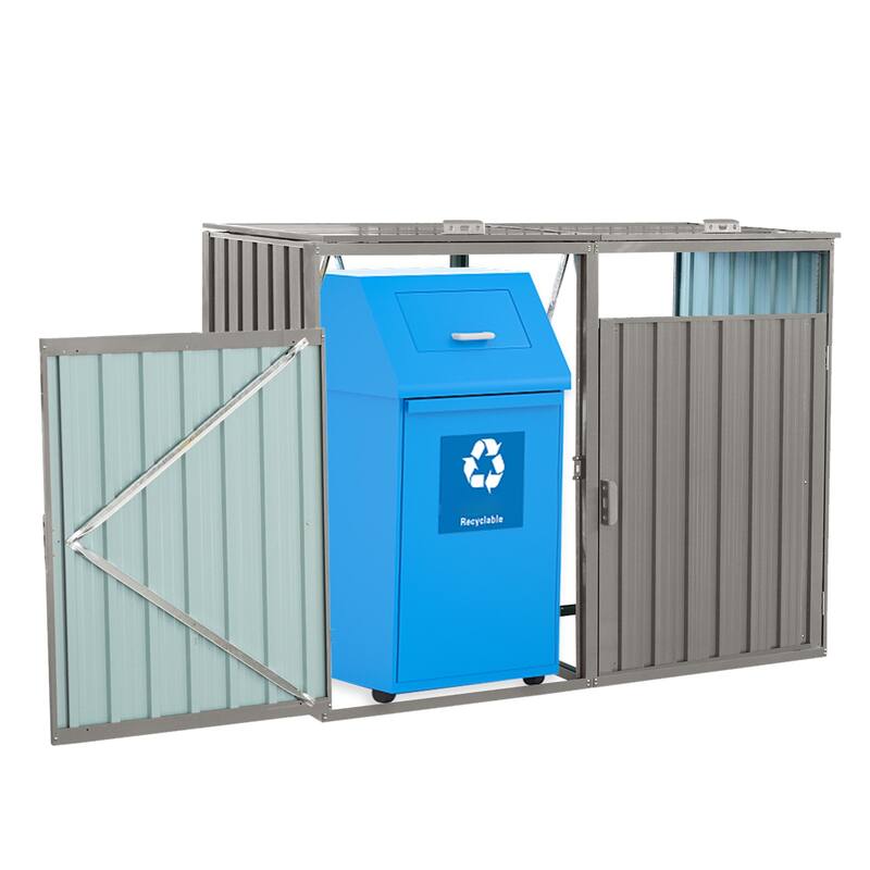 Grey Metal Garbage Bin Shed Outdoor Storage with Lockable Lids and Ventilated Doors - 62.99”L x 31.49”W x 48.03”H