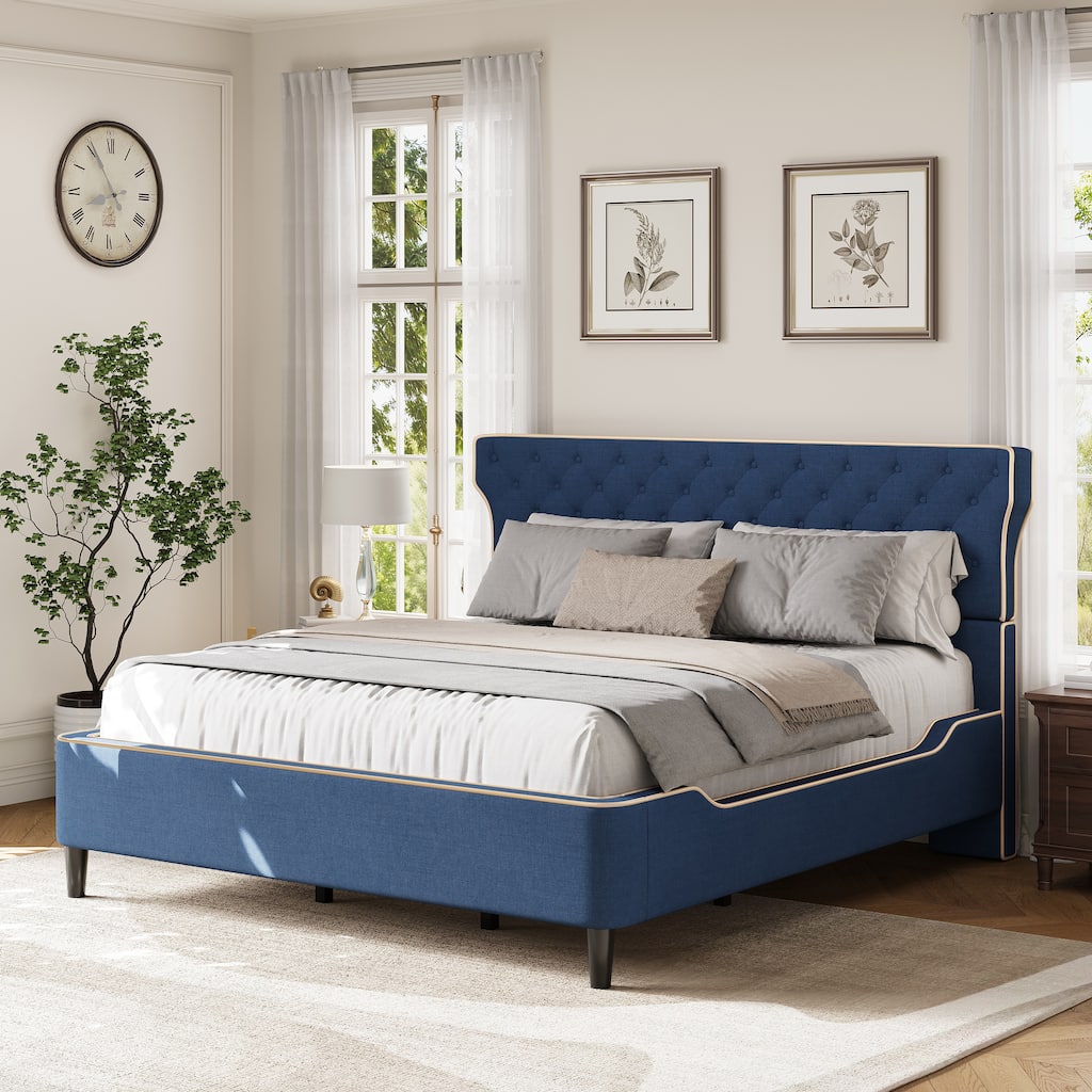 Christopher Knight Home - Aveline Modern Upholstered Platform Bed with Curved Back Headboard and Button Tufted Design