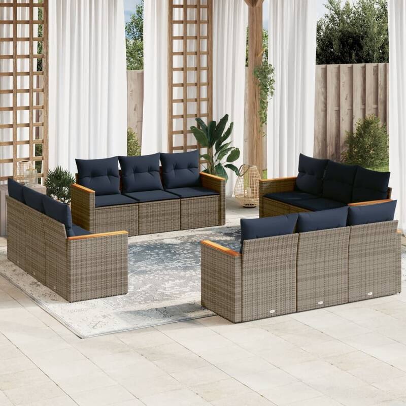 vidaXL Patio Sofa Set with Cushions Outdoor Conversation Furniture Poly Rattan - 21.7x 24.4x 27.2 - Grey and Blue-Without table