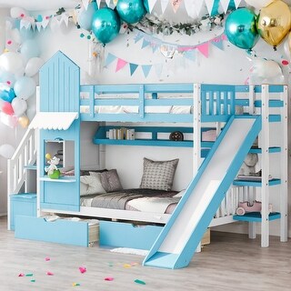 Elegant Twin over Twin Bunk Bed With 2 Drawers,3 Shelves and Slide,Sturdy Frame,s
