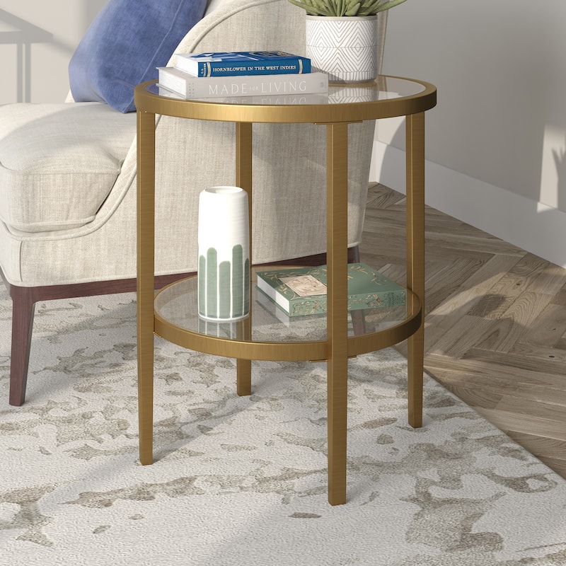 Hera 19.63'' Wide Round Side Table with Clear Glass Shelf - Antique Brass