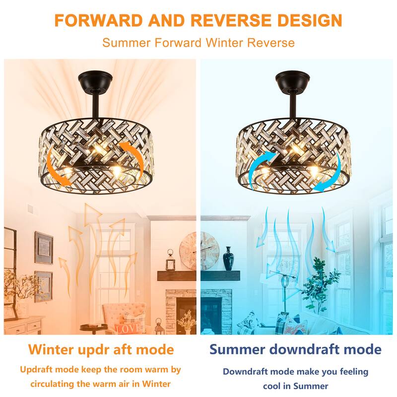 Sofucor 18" Bladeless Crystal Caged Ceiling Fan with Light,Remote,6 Speed Enclosed,Reversible Motor for Bedroom Living Room