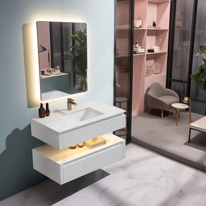Modland 36/48 Inch LED Floating Vanity with Marble Top & Soft-Close Drawer - Green/White, Wall Drain Ready