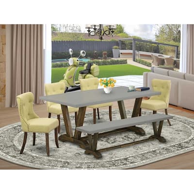 HomeStock 6-Pc Rectangle Distressed Jacobean Finish Solid Wood Top Dining Table with 1-Bench, 4-Chairs