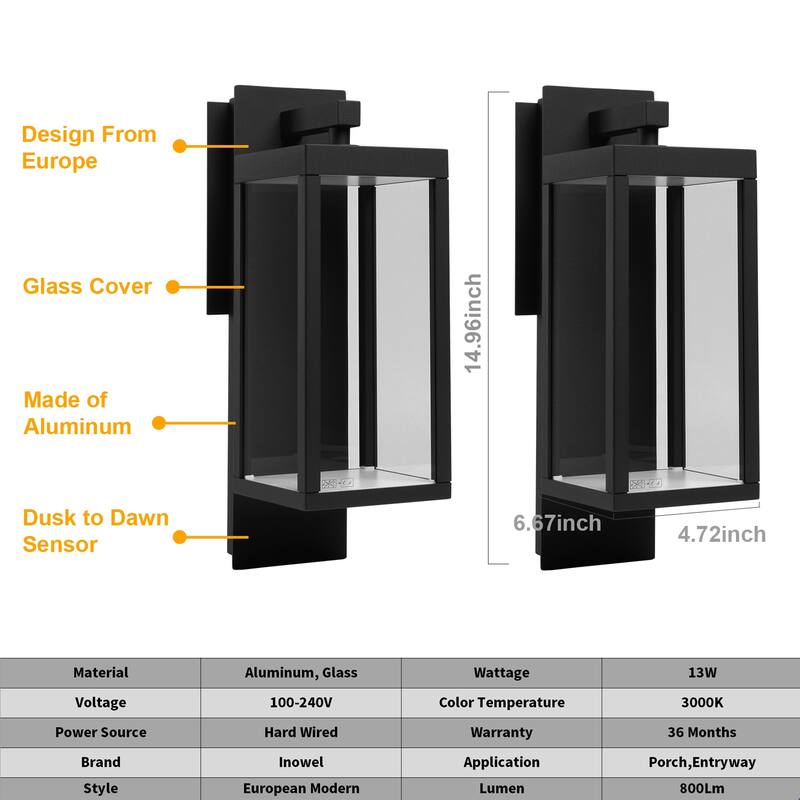 Outdoor Wall Sconce Lantern Dusk to Dawn Sensor 13W 800Lm 3000K