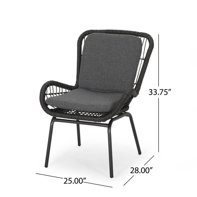Patio Accent Chair Set of 2, Open Wicker, Round Edge, Black Iron, Gray