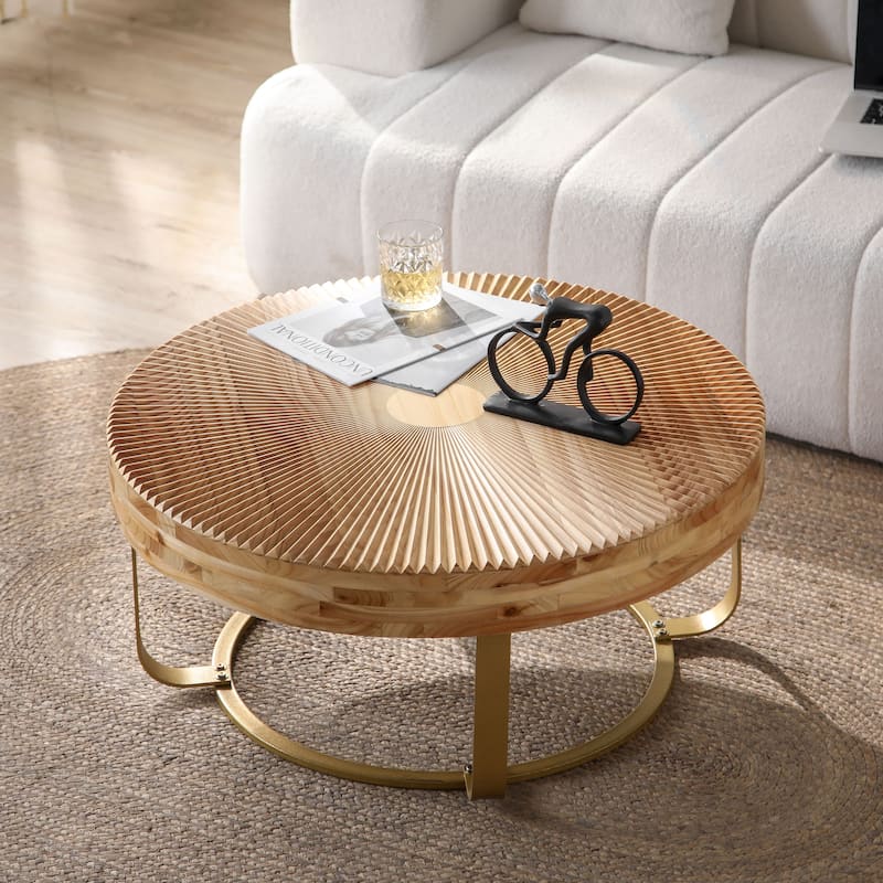 GDFStudio Calvion Round Pine Wood Coffee Table with Steel Frame and Carving Pattern