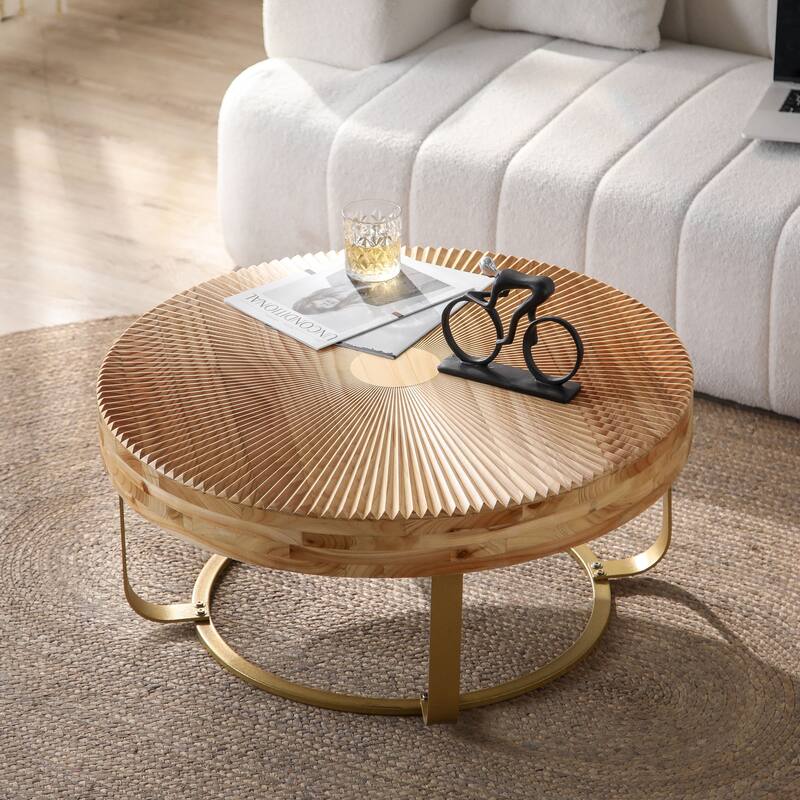 Modern Round Coffee Table Wooden Carving Pattern Coffee Table with Metal Legs, for Living Room Reception Room Office