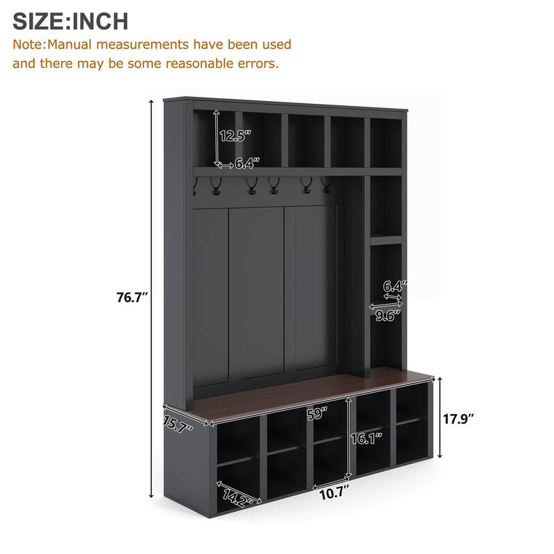 Farmhouse Entryway Hall Tree with Coat Rack, 13 Cubbies Shoe Storage, Adjustable Shelves & Walnut Bench