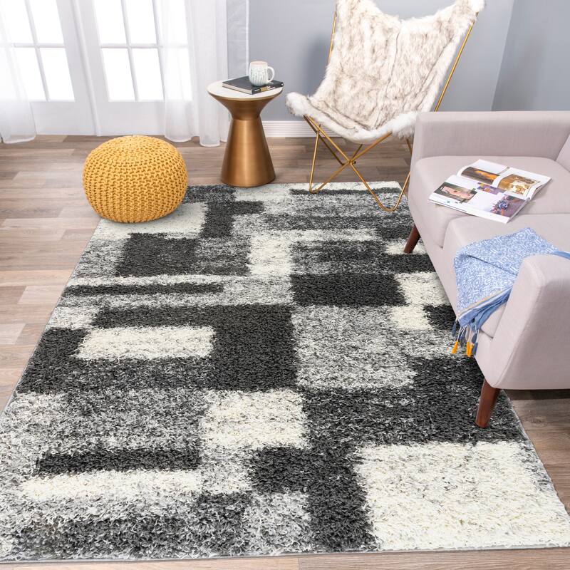 World Rug Gallery Distressed Modern Boxes Plush Shag Area Rug