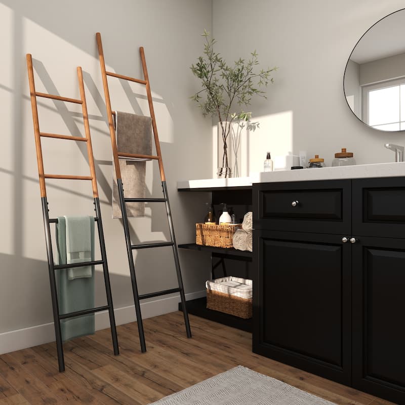 Brown Wood Slim Two-Toned 12 Rug Ladder with Black Metal Bases (Set of 2)