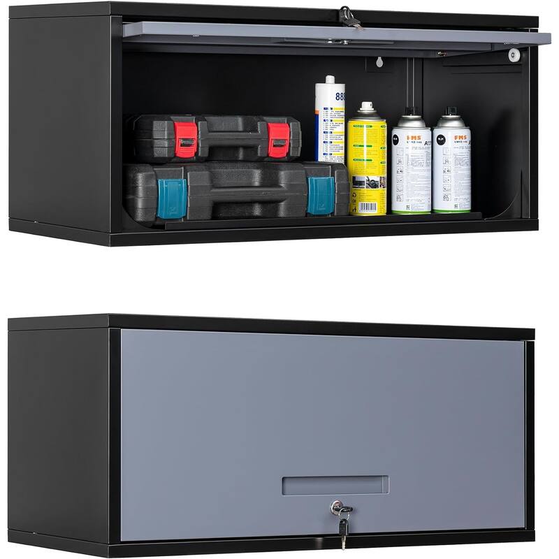 Metal Garage Wall Cabinet with Doors and Shelves, Tool Storage Cabinet for Garage, Kitchen - 21.6"H - Black Grey