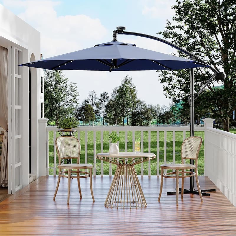 10ft Solar Lights Patio Umbrella, Cantilever Umbrella with Easy Lift and Tilt Adjustment - Navy Blue