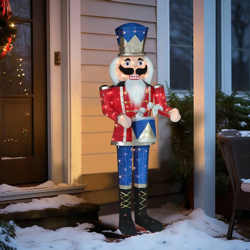 VEIKOUS 5 ft. 3D Warm White Light Nutcracker Play Drum Christmas Holiday Yard Decoration - Red - Outdoor Lighted Christmas Decoration - Christmas Decoration Stakes - Red