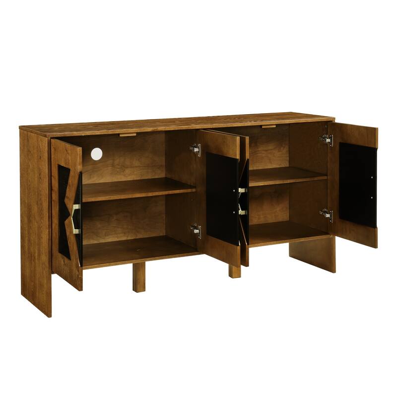 60" Vintage Fluted TV Console with Adjustable Shelving & 2 Socket Hole, Storage Cabinet with Geometric Pattern, TV Media Console