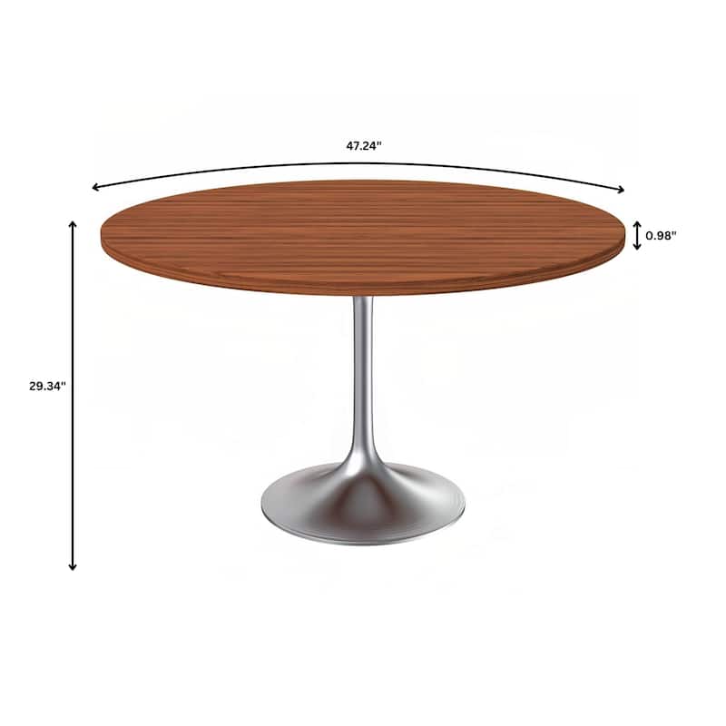 LeisureMod Verve 48" Round Dining Table with MDF Wood TableTop and Brushed Chrome Base for Kitchen & Dining Room