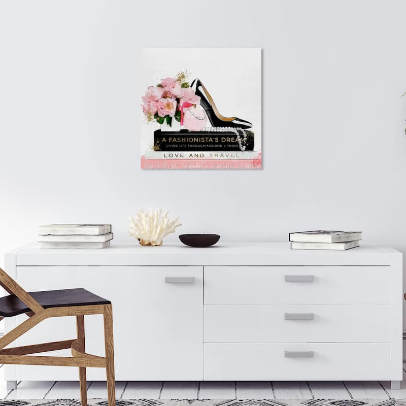 Wynwood Studio Canvas Fashion and Glam Shoes Books and Fashion Dreams Pink and Light Pink Glam Wall Art Canvas Print - 20 x 20