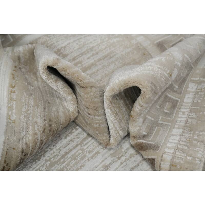 Machine Made Oriental Polyester Carpet Abstract Beige & Ivories Distressed Area Rug - 7' 5'' X 5' 2''