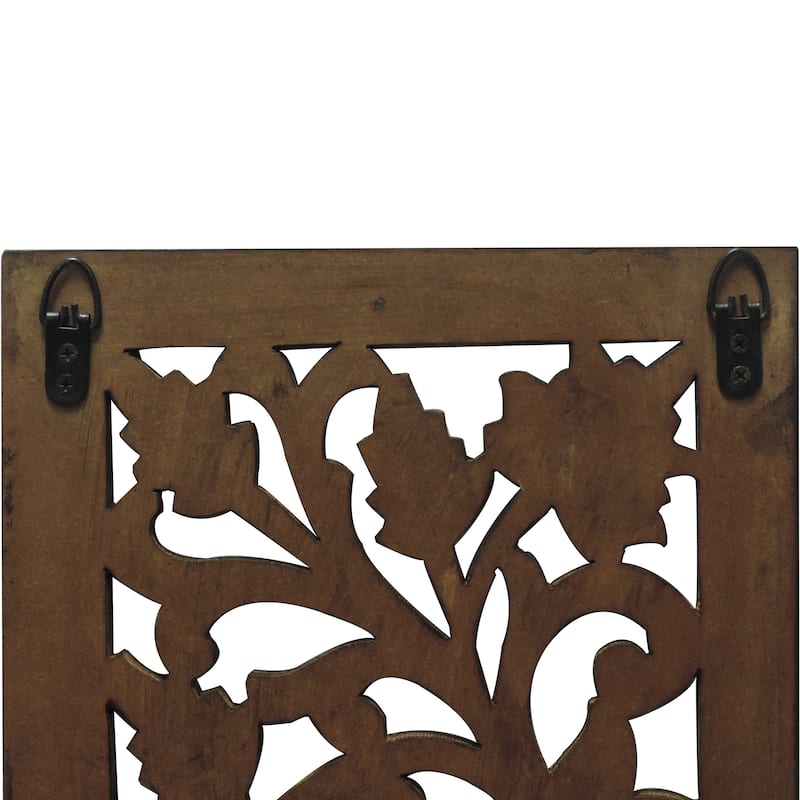 Mango Wood Wall Panel Hand Crafted with Leaves and Scroll Work Motif, Brown