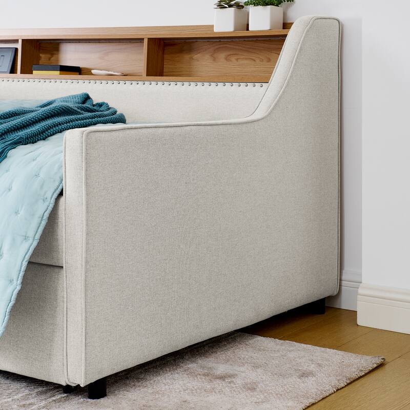 Roomfitters Twin Upholstered Daybed with LED Headboard Storage, Foldable-Leg Trundle & Wireless Charging
