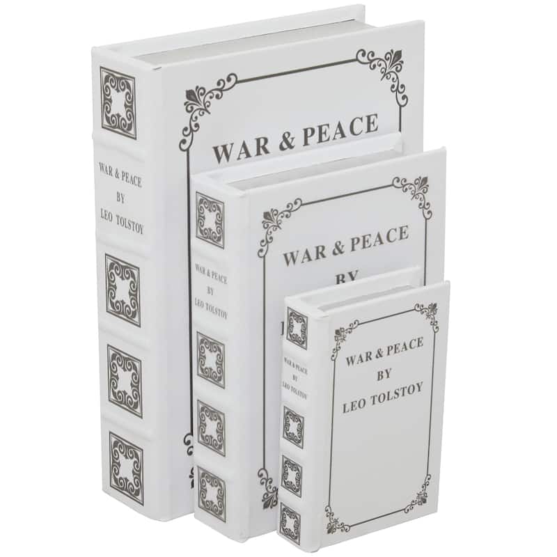 Faux Leather or Linen Fabric Book Storage Box - Set of 3 White, Beige, Black, Red or Light Gray - Roche River Decor - Light Gray - "War and Peace" Text Cover