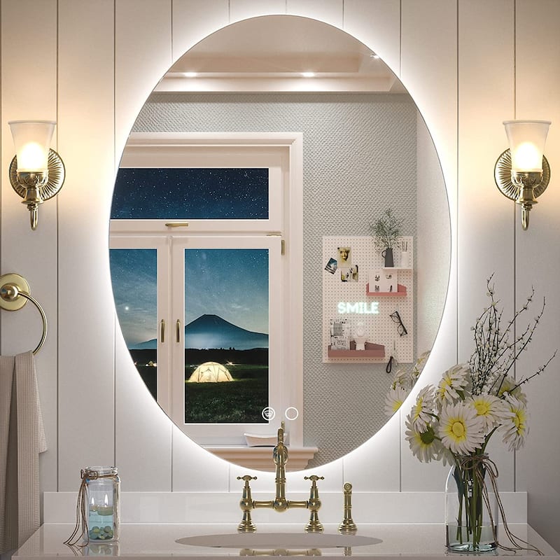 KEONJINN Oval Frameless Wall Mounted LED Bathroom Mirror Anti-Fog Dimmable