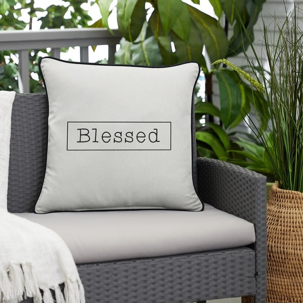 slide 1 of 4, Ivory/ Black Buffalo Plaid "Blessed" Indoor/ Outdoor Reversible Pillow