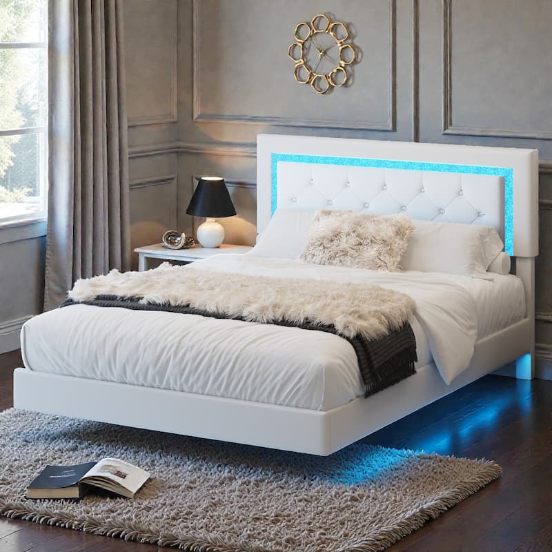 Floating Upholstered Bed Frame with LED Lights, Diamond Tufted Headboard, PU Leather Platform Bed, No Box Spring Needed