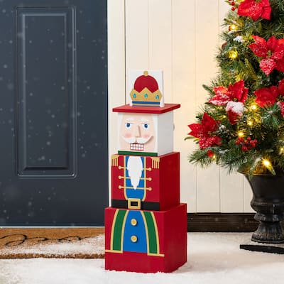 Glitzhhome 24.5"H Santa and Nutcracker Reversible Boxed Porch Decor - Multi