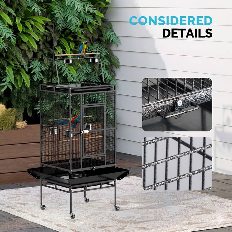 68in Wrought Iron Bird Cage with Playtop, Large Flight Cage with 5 Feeders & Ladder & Rolling Stand, for Small/Medium Birds