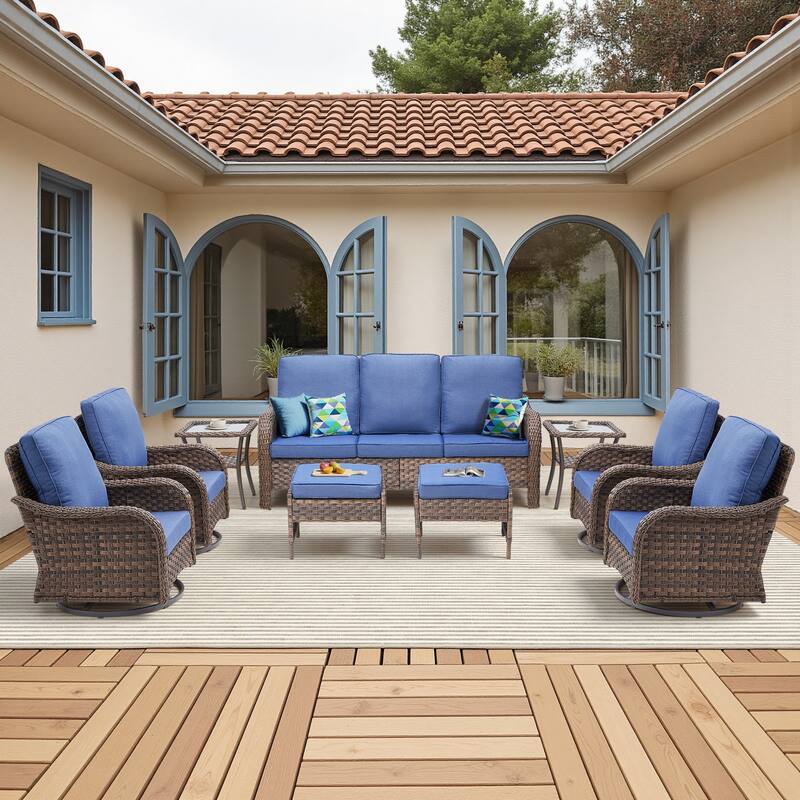 Pocassy Outdoor Patio Furniture Set PE Wicker Sofa Set - Blue Cushion - Brown Wicker - 9 Piece Sofa with Swivel Chairs Table Ottoman