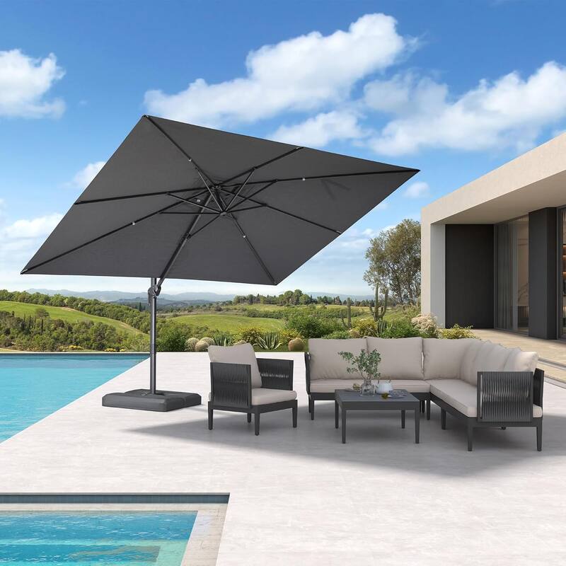 PURPLE LEAF Stylish UV50+ Fade Resistant Patio Cantilever Umbrella With Base - 9*11ftMistGrey