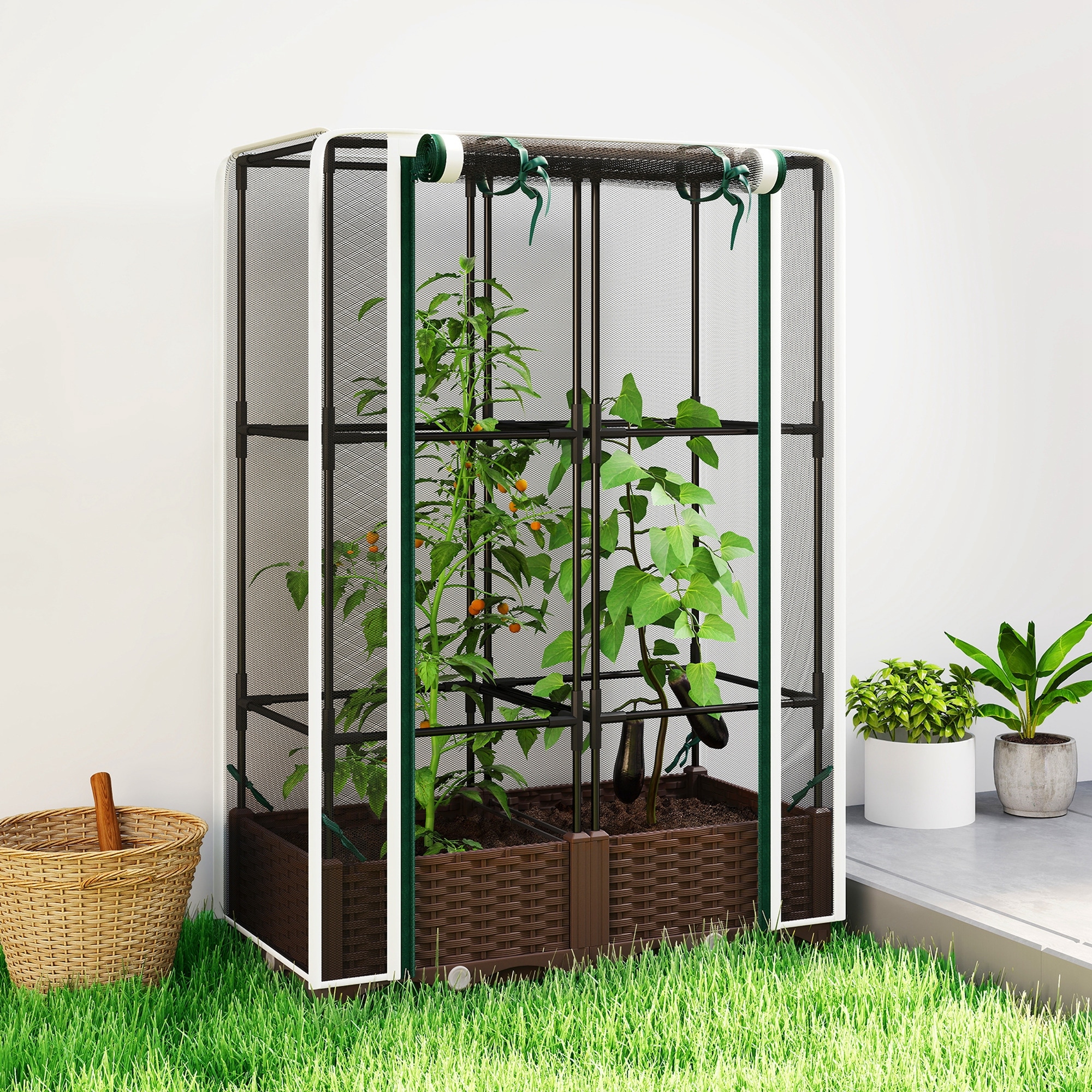 Outsunny Raised Garden Bed with Trellis,Tomato Cage with Crop Cage, Self Watering Planter Box with Drainage Holes and Plugs