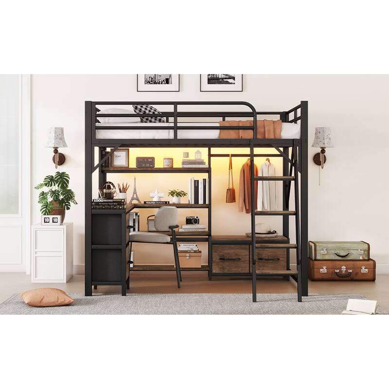 Roomfitters Full Loft Platform Bed, LED Charging Desk and Wardrobe Shelves with Metal Frame for Bedroom or Guest Room, Black
