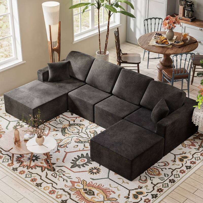 126" Modular Sectional Sofa, U Shaped Cloud Couches for Living Room, Upholstered Boneless Couch with Ottoman - Black