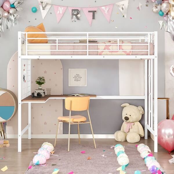 slide 2 of 24, Full Metal Loft Bed with Desk and Shelve, White,Modern Kids Loft Bed White