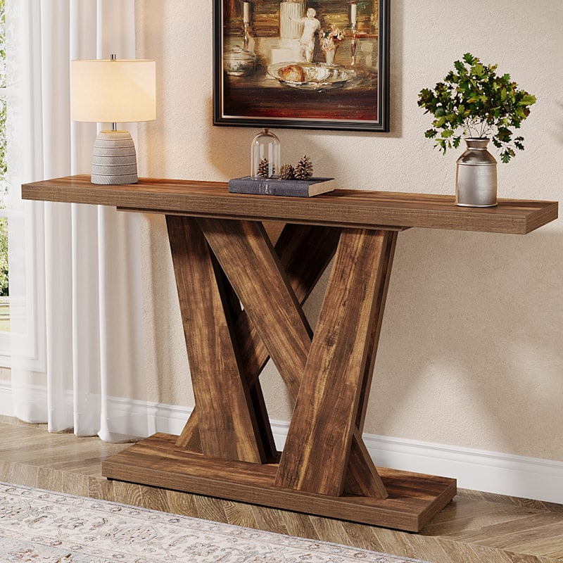 55'' Farmhouse Console Table, Wood Entryway Table with Geometric Base