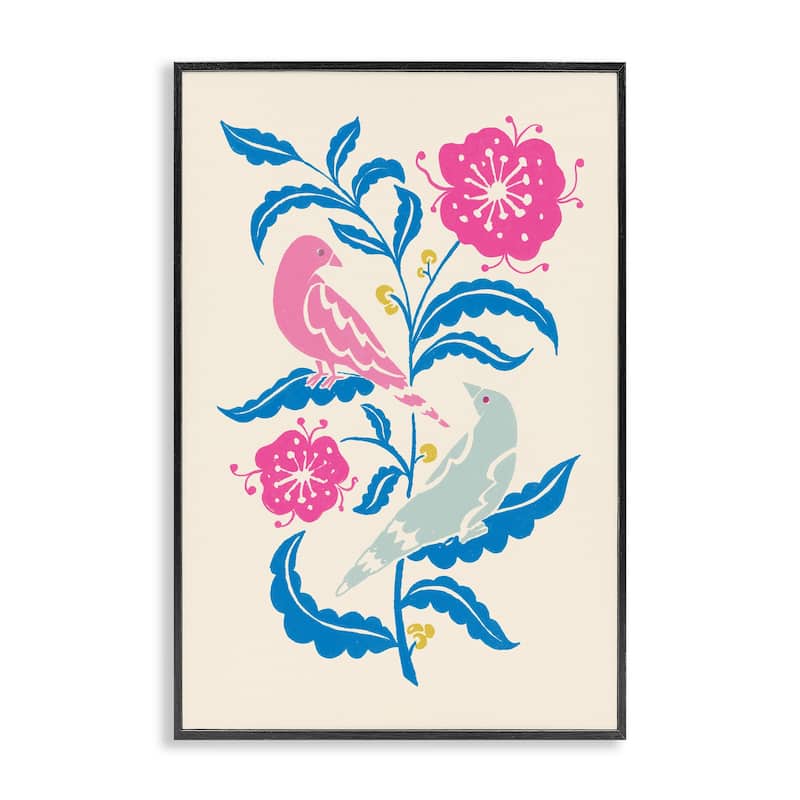 Stupell Minimal Bird Couple on Leaves Framed Giclee Art Design By Hannah Moren - 16 x 24 - Black