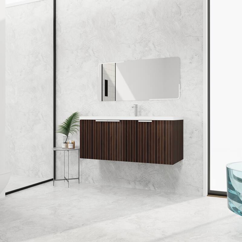 48in Bathroom Vanity with Resin Sink, Soft Close Hinges, 3 Doors, Eco-Friendly Design, Wall-Mounted Floating Cabinet