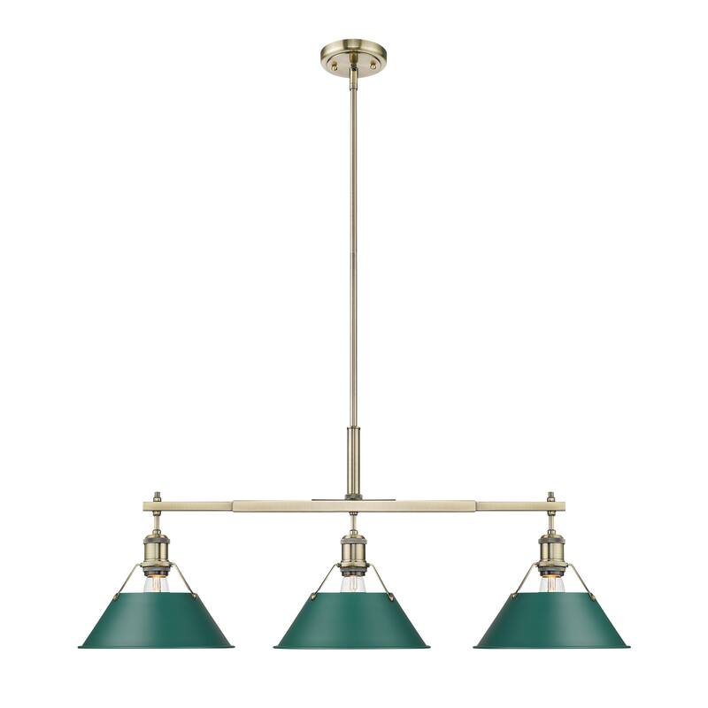 Yep by Golden Lighting Orwell 3-light Island Light in Aged Brass and Pine Green shade - 3 Light Linear Pendant