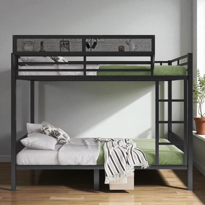 Queen Over Queen Metal Bunk Bed with Ladder and Storage Shelf, Heavy-Duty Bunk Frame for Adults and Teens - Black - Queen
