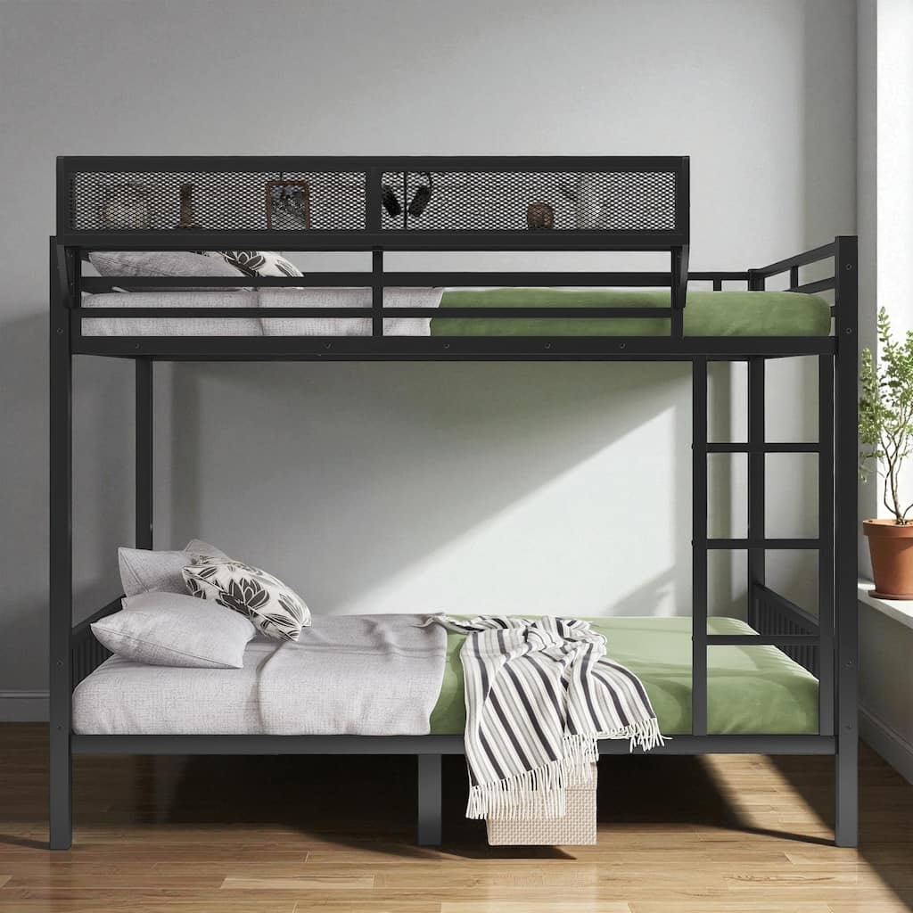 Queen Over Queen Metal Bunk Bed with Ladder and Storage Shelf, Heavy-Duty Bunk Frame for Adults and Teens